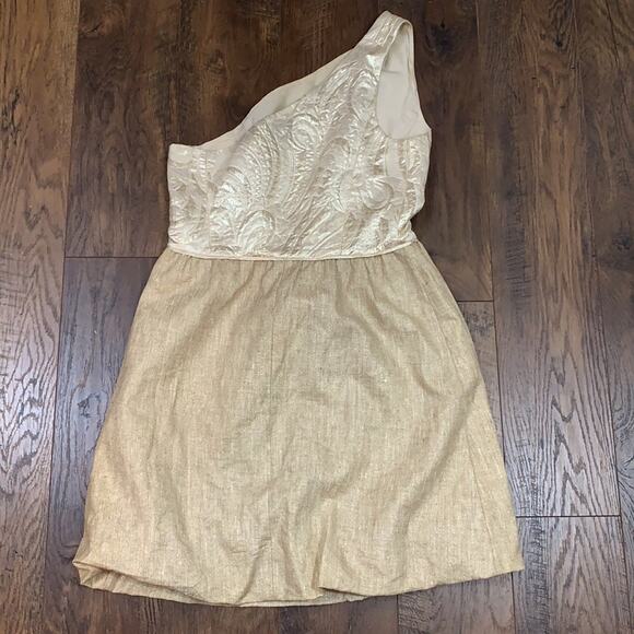 J Crew Collection One Shoulder Silk/Linen/Metallic Gold Mini Dress - Picture 7 of 8
